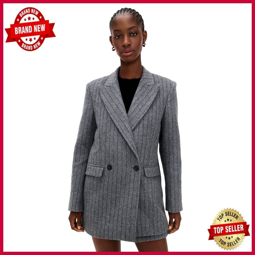Wool Suiting Blazer with Padded Shoulders, Long Sleeves, Double-Breasted